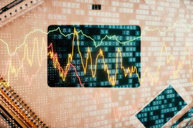 Forx grafik hologramının telefonlu hali. Üst Manzara. Mobil ticaret platformu kavramı.