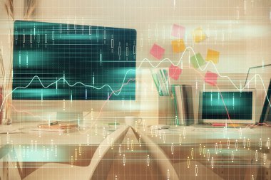 Finansal grafik çizimine ve ofis içi arka planına çifte maruz kalma. Borsa konsepti.