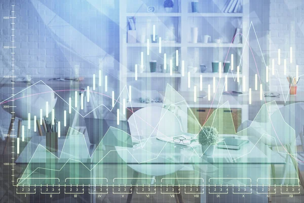 Double exposure of financial graph drawing and office interior background. Concept of stock market. — Stock Photo, Image