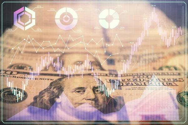 Dvojité vystavení forex grafu kreslení nad námi dolary pozadí účtu. Koncepce finančních trhů. — Stock fotografie