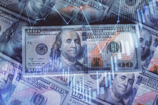 ドル紙幣の背景に描かれた外国為替チャートの複数の露出。金融成功市場の概念. — ストック写真