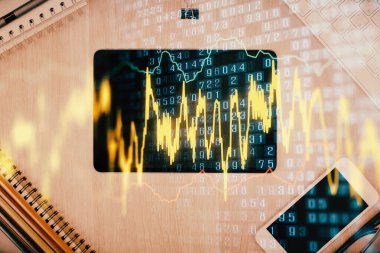 Forx grafik hologramının telefonlu hali. Üst Manzara. Mobil ticaret platformu kavramı.