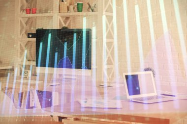 Finansal grafik çizimine ve ofis içi arka planına çifte maruz kalma. Borsa konsepti.