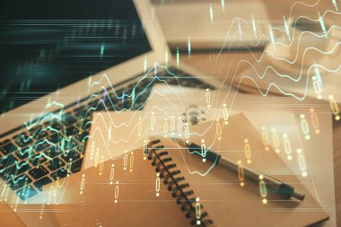 Finans şeması çizimine ve masaüstüne kahve ve masa arkasında eşyalar ile çifte pozlama. Önx piyasa ticareti kavramı