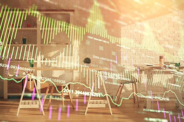 Double exposure of financial graph drawing and office interior background. Concept of stock market. — Stock Photo, Image