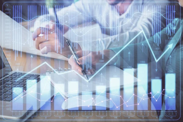 Double exposure of forex chart drawing over people taking notes background. Concept of financial analysis — Stock Photo, Image