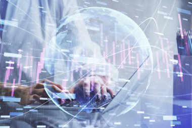 Bilgisayarda ve ön x grafik hologram çiziminde kadın eli yazarken çift pozlama. Borsa yatırım kavramı.