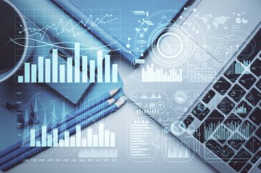 Bilgisayarla masaüstü arkaplanı üzerinde ön x grafik çizimi çift pozlama. Finansal analiz kavramı. Üst görünüm.