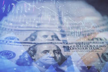 Önx grafiğinin arka plandaki dolarları iki katına çıkarması. Finans piyasası kavramı.