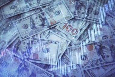 Önx grafiğinin arka plandaki dolarları iki katına çıkarması. Finans piyasası kavramı.