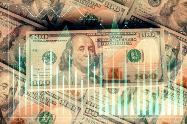 Forx grafiğinin çok sayıda görüntüsü bize dolar banknotları arka planında görünüyor. Finansal başarı piyasası kavramı.