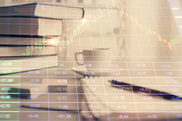 Dubbele belichting van financiële grafiek tekening en bureaublad met koffie en items op tafel achtergrond. Begrip forex-handel — Stockfoto