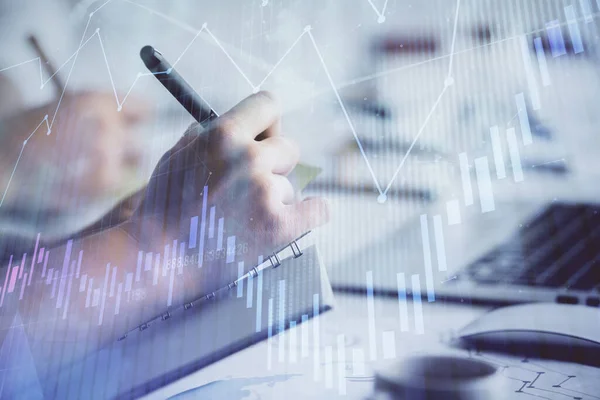 Doble exposición del dibujo gráfico de divisas sobre las personas que toman notas de fondo. Concepto de análisis financiero — Foto de Stock