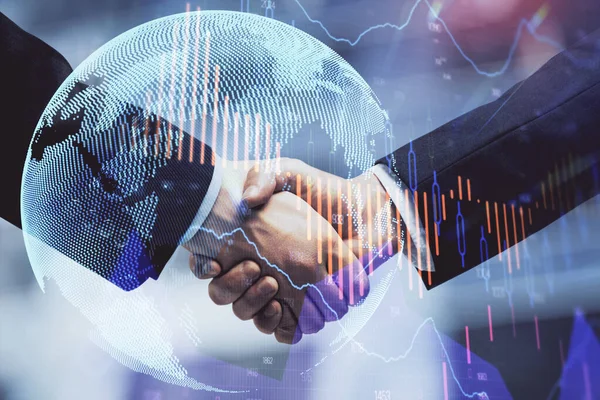 Double exposure of forex graph hologram and handshake of two men. Stock market concept. — Stock Photo, Image