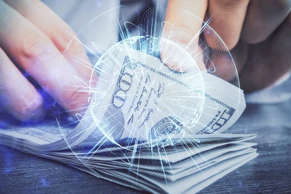 Multi exposición de tema financiero dibujo holograma y EE.UU. billetes de dólares y las manos del hombre. Concepto empresarial. — Foto de Stock