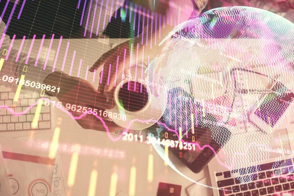 Double exposure of man and woman working together and financial chart hologram drawing. market analysis concept. Computer background. Top View. — Stock Photo, Image