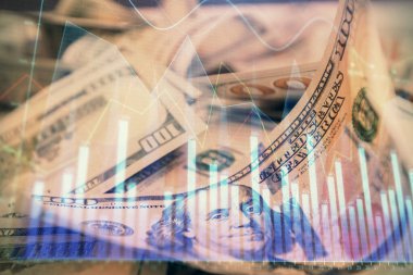 Önx grafiğinin arka plandaki dolarları iki katına çıkarması. Finans piyasası kavramı.