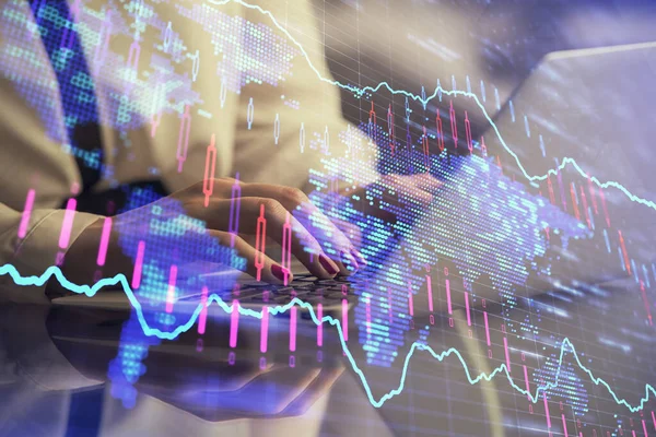 Dvojité vystavení rukou obchodnice psaní na počítači a finanční graf hologram kreslení. Koncept analýzy akciového trhu. — Stock fotografie