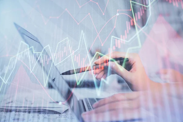 Multi exposure of woman hands typing on computer and financial graph hologram drawing. Stock market analysis concept. — Stock Photo, Image