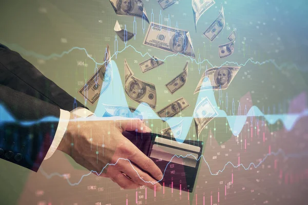 Multi blootstelling van de financiële grafiek tekenen hologram en Amerikaanse dollars rekeningen en man handen. Analyse concept. — Stockfoto