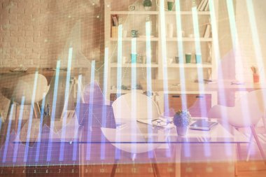 Finansal grafik çizimine ve ofis içi arka planına çifte maruz kalma. Borsa konsepti.