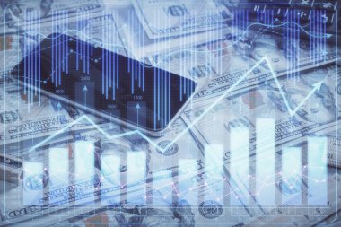 Önx grafiğinin arka plandaki dolarları iki katına çıkarması. Finans piyasası kavramı.