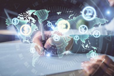 Ön x çizelgesinin arka plan notları alan insanların üzerini çizerken çift pozlama. Mali analiz kavramı