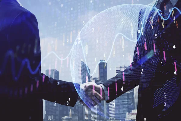 Double exposure of forex graph hologram and handshake of two men. Stock market concept. — Stock Photo, Image