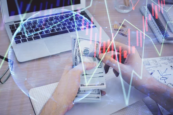 Multi exponering av finansiella diagram rita hologram och USA dollar räkningar och manshänder. Analyskoncept. — Stockfoto