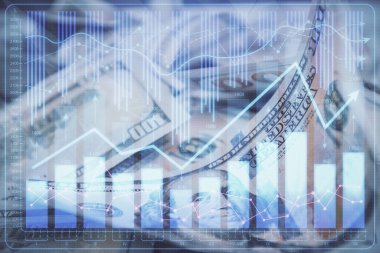 Önx grafiğinin arka plandaki dolarları iki katına çıkarması. Finans piyasası kavramı.