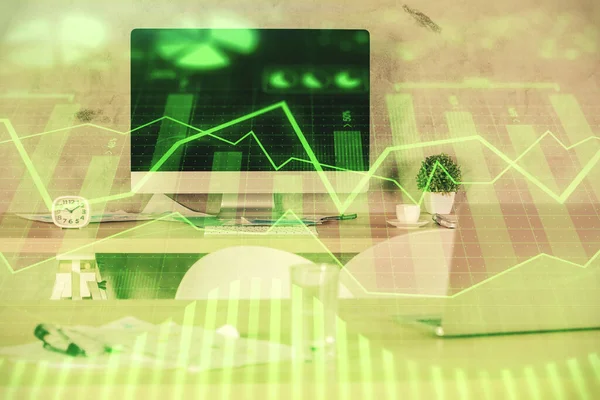 Multi exposure of financial graph drawing and office interior background. Concept of market analysis. — Stock Photo, Image