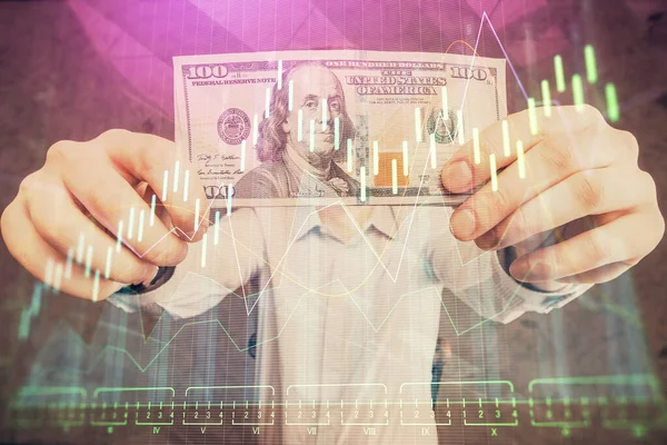 Multi exposure of forex graph drawing hologram and USA dollars bills and man hands. Technical Analysis concept. — Stock Photo, Image