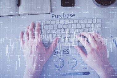 Dizüstü bilgisayar klavyesini ve ön x çizim hologramını yazarken çift pozlama. Üst Manzara. Finans piyasası kavramı.