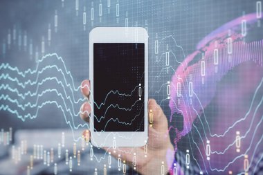 Erkeklerin el ele tutuşup dijital bir cihaz ve ön grafik çizimi kullanırken çift pozlama. Finansal piyasa kavramı.