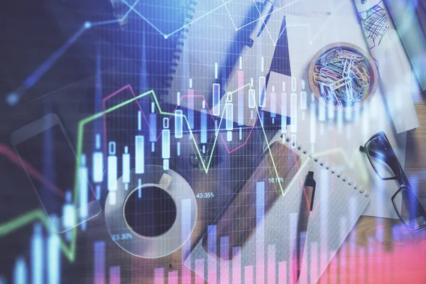 Double exposure of forex graph drawing and work table top veiw. Concept of financial analysis. — Stock Photo, Image