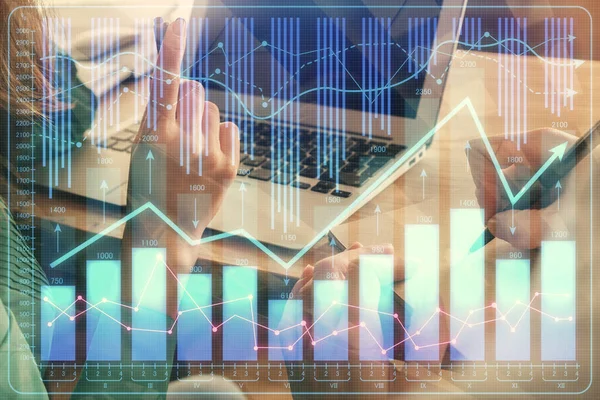 Double exposure of man and woman working together and forex chart hologram. Business concept. Computer background. — Stock Photo, Image