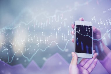 Ön x grafik çizimine çift pozlama hologram ve cep telefonu kullanan bir kadın. Borsa konsepti.