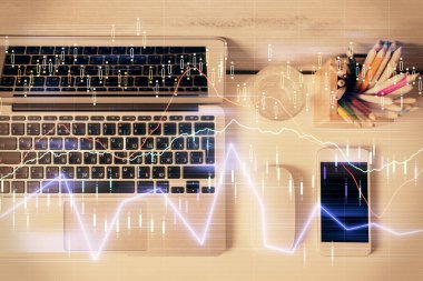 Bilgisayarla önx grafik arkaplanının çok açılımlı çizimi. Finansal analiz kavramı. Üst görünüm.