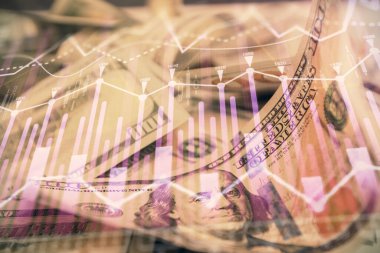 Önx grafiğinin arka plandaki dolarları iki katına çıkarması. Finans piyasası kavramı.