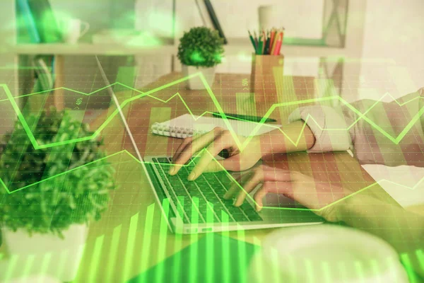 Double exposure of woman hands typing on computer and forex chart hologram drawing. Stock market invest concept. — Stock Photo, Image