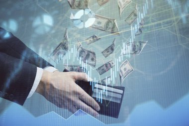 Finansal grafiğe çoklu pozlama hologram, Amerikan dolarları ve insan eli. Analiz kavramı.