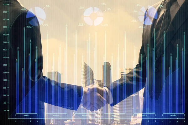 Dubbele blootstelling van forex grafiek hologram en handdruk van twee mannen. Beursmarktconcept. — Stockfoto