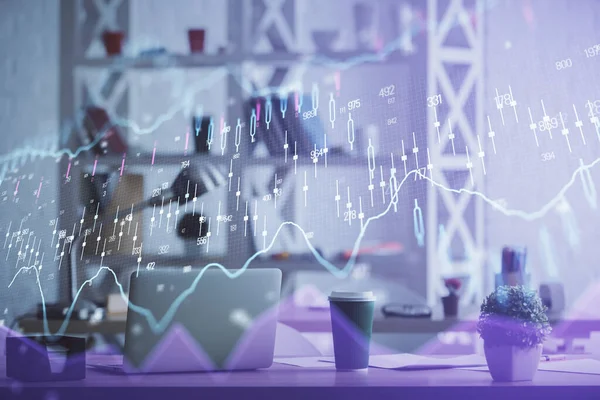 Doppia esposizione del grafico del mercato azionario e sfondo interno dell'ufficio. Concetto di analisi finanziaria. — Foto Stock