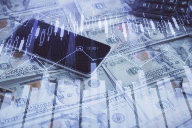 Önx grafiğinin arka plandaki dolarları iki katına çıkarması. Finans piyasası kavramı.