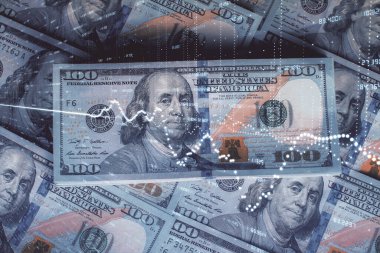 Forx grafiğinin çok sayıda görüntüsü bize dolar banknotları arka planında görünüyor. Finansal başarı piyasası kavramı.