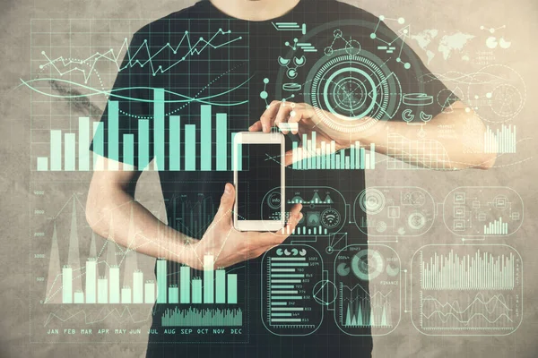 Двойная экспозиция рук человека, держащего в руках и использующего цифровое устройство и графический рисунок forex. Концепция финансового рынка. — стоковое фото