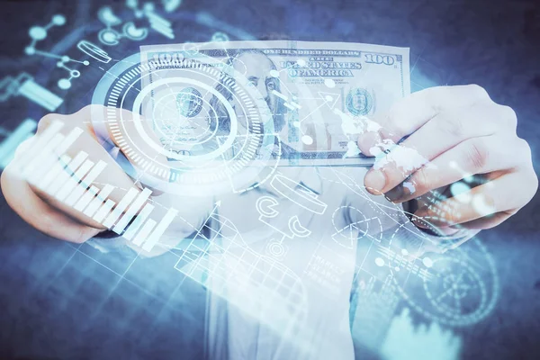 Multi exposición de tema financiero dibujo holograma y EE.UU. billetes de dólares y las manos del hombre. Concepto empresarial. —  Fotos de Stock