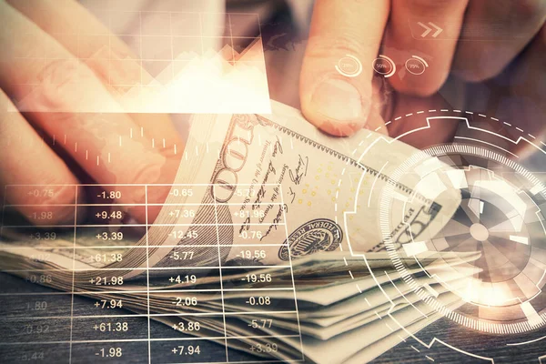 Multi blootstelling van forex grafiek tekenen hologram en Amerikaanse dollars biljetten en man handen. Technisch analyseconcept. — Stockfoto