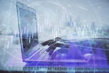 Bilgisayarda ve ön x grafik hologram çiziminde kadın eli yazarken çift pozlama. Borsa yatırım kavramı.