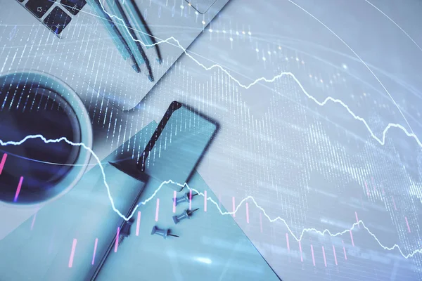 Bilgisayarla masaüstü arkaplanı üzerinde ön x grafik çizimi çift pozlama. Finansal analiz kavramı. Üst görünüm.